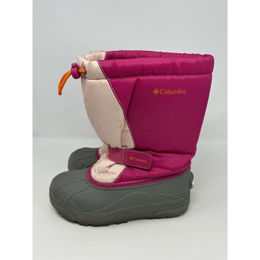 Columbia Powderbug Snowlite Kids Snow Boots Pink Gray Drawcord Strap Size 4 - Picture 6 of 11